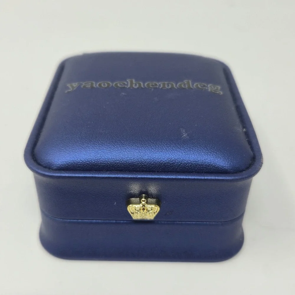 Blue Faux Leather Jewelry Gift Box Gold Crown Latch Ring Pendant Storage EMPTY